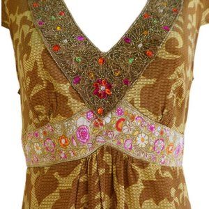 SiLK Y2K Boho Dress Floral Polka Dash Gold Beaded Faux Gemstone V Neck India 6